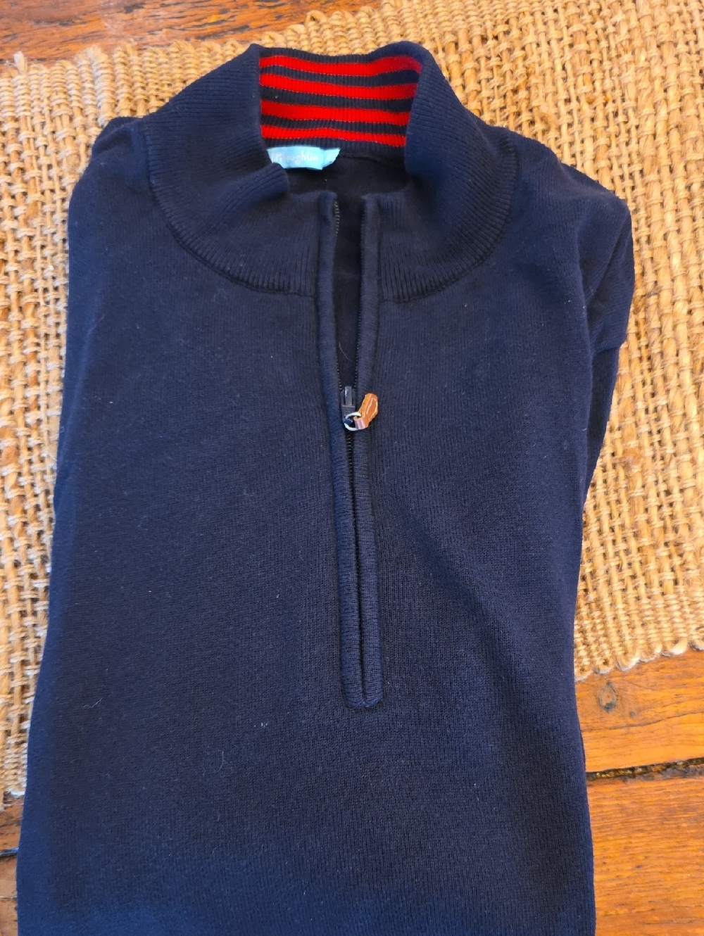 J. McLaughlin Navy Zip-Neck Sweater with Red-Striped Collar